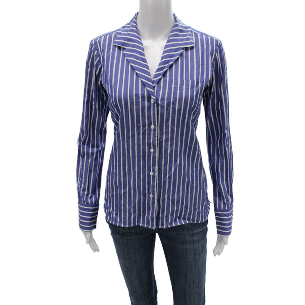 Ralph Lauren Black Label Women Blue Striped Cotton Button-Up Long Sleeve Size 6